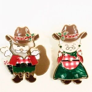 VHTF Cute Cowboy Santa and Mrs. Claus Enamel w/ Crystal accent Western Earrings